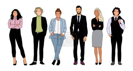 Business team. Vector illustration of diverse cartoon men and women standing in formal office outfit, suits. Set of different business people Isolated on white background.