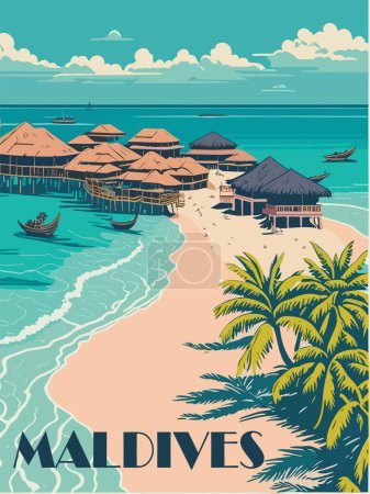 Cartel de destino de Maldivas en estilo retro. Arte mural imprimible vintage. Vacaciones de verano exóticas, turismo, concepto de vacaciones. Vector ilustración colorida.