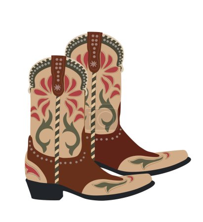 Illustration for Cowgirl boots. Traditional western cowboy boots decorated with embroidered wild west ornament. Realistic vector art illustration isolated on white background. - Royalty Free Image