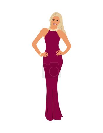 Schöne Frauen in der Mode lange Rotweinkleid für den Abend oder Cocktail-Party, Veranstaltung. Hübsches blondes Mädchen in stylischer Kleidung. Vektor realistische Darstellung isoliert auf weißem Hintergrund.