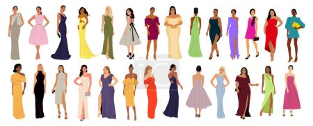 Set of diverse beautiful Women in fashion dress for evening or cocktail party, event. Pretty multiracial girls wearing stylish luxury clothes. Vector illustration isolated on white background.