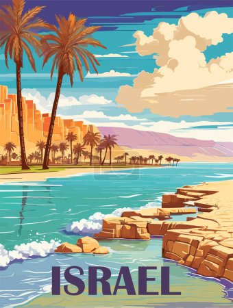 Illustration for Israel Travel Destination Poster in retro style. Dead Sea print. Tourism, summer vacation, holidays concept. Vintage vector colorful illustration. Modern printable wall art. - Royalty Free Image