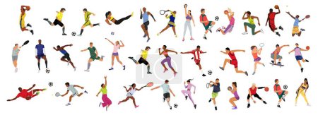Collection of different men and women performing various sports activities, playing basketball, volleyball, tennis, soccer, football, running. Vector illustrations isolated on white background.