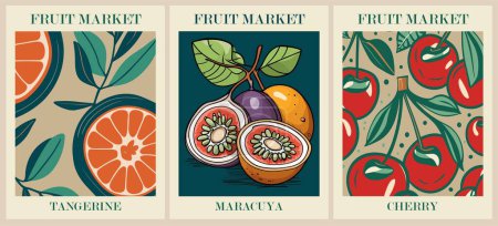 Illustration for Set of abstract Fruit Market retro posters. Trendy kitchen gallery wall art with tangerine, cherry, maracuja, passion fruit. Modern naive funky interior decorations, paintings. Vector art illustration - Royalty Free Image