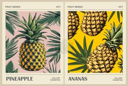 Illustration for Set of abstract Fruit Market retro posters. Trendy kitchen gallery wall art with pineapple, ananas fruits. Modern naive groovy funky interior decorations, paintings. Vector art illustration. - Royalty Free Image