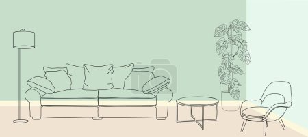 Living room interior design sketch with furniture and decor line art hand drawn elements. Cozy apartment furnished with sofa, armchair, coffee table, house plants, lamp. Vector outline drawing.
