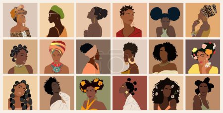 Diverse Frauen Avatare bunte Vektor-Icon-Set. Schwarze, afrikanisch-amerikanische, lateinamerikanische Frauenporträts. Verschiedene hübsche Mädchen mit stylischem Haarschnitt, Kopfbedeckung, Accessoires, Blumen. Beauty-Logo.