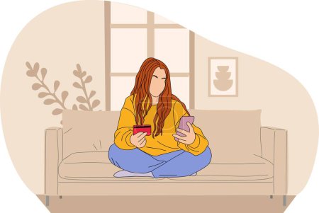 Ilustración de Mujer joven sentada en el sofá de la sala de estar, con tarjeta de crédito y teléfono. Pretty Girl haciendo el pago con tarjeta bancaria para compras en línea. Ilustración de contorno de color vectorial. - Imagen libre de derechos