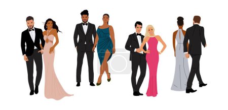Diverse of multiracial and multinational couples wearing evening formal or black tie outfits for celebration, wedding, Christmas Eve or New Year party. Happy men and women in gorgeous luxury clothes.