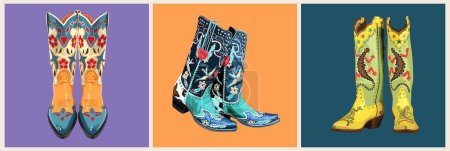 Illustration for Set of vintage western cowboy boots. Stylish decorative cowgirl boots embroidered with traditional turquoise, red decoration. Realistic hand drawn vector illustration isolated on colorful background. - Royalty Free Image