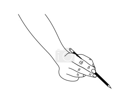 Hand holding pencil. Human arm with writing tool. Line art drawing , Black monochrome outline Vector illustration isolated on white background. Hand drawn icon.