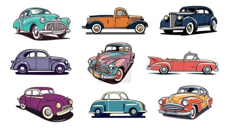 Conjunto de coches antiguos de época. Coloridos automóviles antiguos. Vehículos atemporales clásicos. Ilustraciones dibujadas a mano estilo caricatura vectorial aisladas sobre fondo blanco.