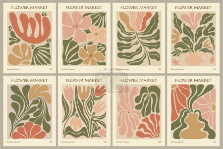 Illustration for Set of abstract Flower Market posters. Trendy botanical wall art with floral design in sage green pastel colors. Modern naive groovy funky hippie interior decorations, paintings. Vector illustration. - Royalty Free Image