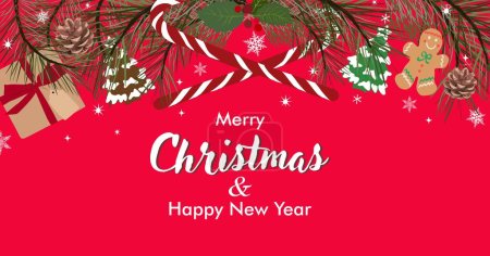 Merry Christmas and Happy new year red background with fir branches border, ginger man, holly berries, pine cones, candy cane. Winter holidays celebration banner, card template. Vector illustration.