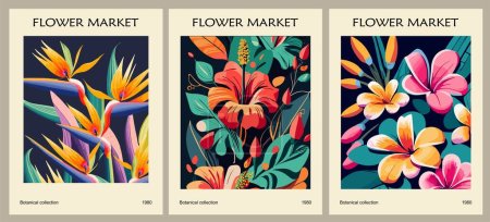 Illustration for Set of abstract Flower Market posters. Trendy botanical wall arts with exotic flowers, hibiscus, plumeria, bird of paradise, strelitzia. Modern interior painting, decoration. Vector art illustration. - Royalty Free Image