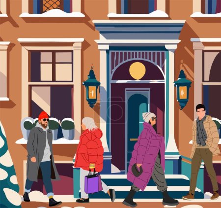 Different people, modern men and women wearing warm winter clothes, puffer jackets walking along snowy city street with old buildings. Vector hand drawn colorful illustration.