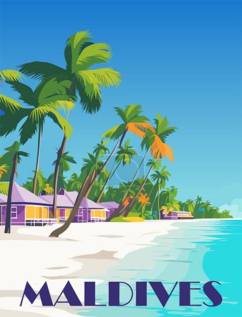 Téléchargez les illustrations : Affiche de destination voyage Maldives dans un style rétro. Belle plage tropicale avec sable blanc, bungalow, impression palmier. Vacances d'été exotiques, concept de vacances. Illustration colorée vectorielle vintage. - en licence libre de droit