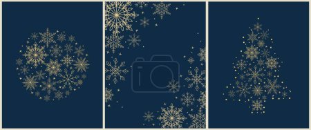 Ilustración de Navidad, Plantilla de tarjetas de Año Nuevo con copos de nieve de oro dibujados a mano en forma de esquina, círculo, árbol de Navidad sobre fondo azul oscuro. - Imagen libre de derechos