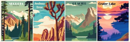Illustration for Set of Retro National Parks posters, Vintage USA travel illustrations. Trendy printable wall art with beautiful american landscapes. Vector colorful illustrations. - Royalty Free Image