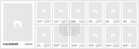 Illustration for Calendar template for 2024 year with Place for Photo or Company Logo. Vertical design. Vector page A3, A2 for printable wall monthly calendar. Week starts on Monday. Calendar grid in grey color. - Royalty Free Image