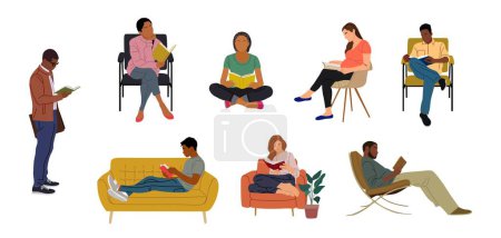 Set of different people, multiracial men, women reading book, sitting on chair, lying on sofa, standing, pregnant woman. Book loving concept. Cartoon vector characters isolated on white background.
