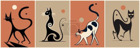 Conjunto de carteles retro en estilo moderno de mediados de siglo con lindos gatos dibujando. Ilustraciones vectoriales vintage de gatos atómicos para artes de la pared imprimibles, tarjetas, decoración.