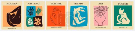 Téléchargez les illustrations : Ensemble d'affiches abstraites aux couleurs vives modernes. Trendy Matisse a inspiré l'art mural contemporain. Design minimaliste esthétique. Illustrations d'art vectoriel. - en licence libre de droit