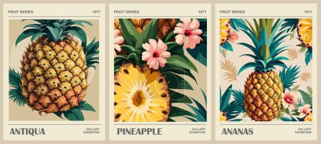 Illustration for Set of abstract Fruit Market retro posters. Trendy kitchen gallery wall art with Pineapple, Ananas fruits. Modern naive groovy funky interior decorations, paintings. Vector art illustration. - Royalty Free Image