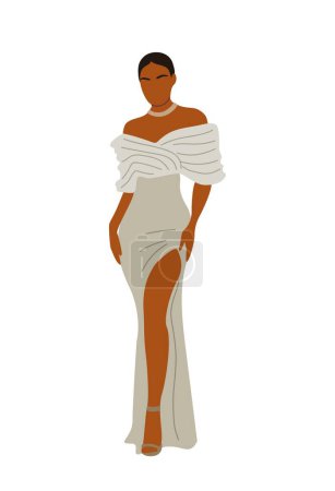 Schwarze stilvolle junge Frau in modischem langen Kleid, Kleid für Abendveranstaltung, Cocktail oder Party. Afrikanische amerikanische wunderschöne Mädchen in luxuriösen Kleidern. Realistische Vektorillustration auf weißem Hintergrund