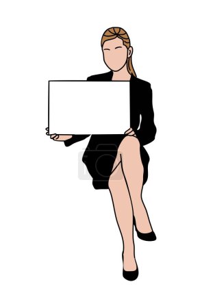 Ilustración de Mujer de negocios sentada y sosteniendo banner publicitario en blanco. Personaje femenino que muestra oferta de anuncios, espacio vacío para texto en el tablero de papel, pancarta en las manos. Dibujo vectorial de contorno de color Aislado en blanco. - Imagen libre de derechos