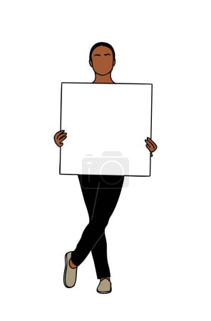 Ilustración de Mujer Negra sosteniendo banner publicitario en blanco. Carácter femenino que muestra oferta de anuncios, espacio vacío para texto en el tablero de papel, pancarta. Dibujo vectorial de contorno de color moderno Aislado sobre fondo blanco. - Imagen libre de derechos