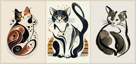 Conjunto de carteles retro en estilo moderno japonés con lindos gatos dibujando. Ilustraciones vectoriales vintage de gatos negros, blancos y rojos para artes de la pared imprimibles, tarjetas, decoración. 