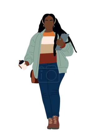 Estudiante afroamericana con curvas. Chica joven sosteniendo tableta digital y una taza de café para llevar yendo a la universidad, la universidad. Ilustración colorida realista vectorial aislada sobre fondo blanco.