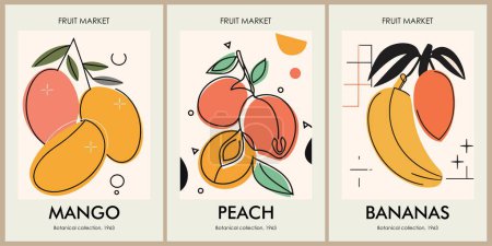 Illustration for Set of abstract Fruit Market retro posters. Trendy kitchen gallery wall art with exotic mango, bananas, peach fruits. Modern naive groovy funky interior decorations, paintings. Vector art illustration - Royalty Free Image