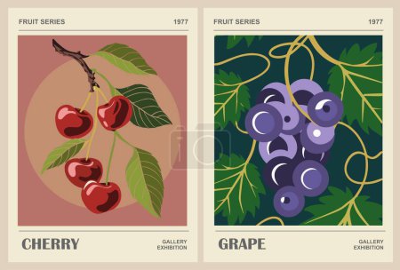 Illustration for Set of abstract Fruit Market retro posters. Trendy kitchen gallery wall art with charry and grape juicy fruits. Modern naive groovy funky interior decorations, paintings. Vector art illustrations. - Royalty Free Image