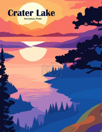 Téléchargez les illustrations : Affiche des parcs nationaux du lac Crater, Vintage USA illustration de voyage. Art mural imprimable à la mode avec beau paysage américain. Illustration vectorielle colorée. - en licence libre de droit