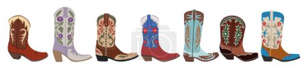 Illustration for Collection of different cowgirl boots. Traditional western cowboy boots decorated with embroidered wild west ornament. Realistic vector art illustrations isolated on white background. - Royalty Free Image