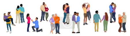 Set aus verschiedenen verliebten Paaren, jungen Leuten, älteren Paaren, homosexuellen, homosexuellen Paaren, Verlobungen, Heiratsanträgen, afroamerikanischen, multirassischen Paaren. Vektorabbildung auf weißem Hintergrund.