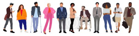 Equipo multinacional de negocios. Ilustración vectorial de diversos hombres de dibujos animados, mujeres de diversas etnias, edades, tipos de cuerpo en trajes de oficina casuales. Conjunto de diferentes personas de negocios Aislado en blanco.
