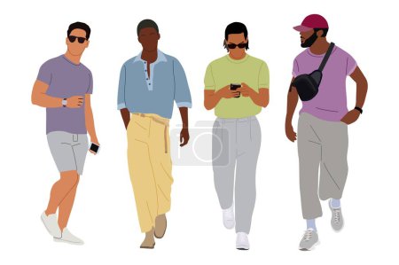 Summer Street mode hommes vecteur illustration d'art. Jeunes hommes portant tenue de rue moderne à la mode debout et marchant. Illustrations vectorielles de style dessin animé isolées sur fond blanc.