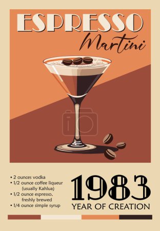 Espresso Martini Cocktail retro poster. Klassischer Cocktail mit digitalem Rezept. Beliebtes Alkoholgetränk. Vintage-Vektor-Illustration für Bar, Pub, Restaurant, Küchenwandkunst, Barwagen-Dekor.