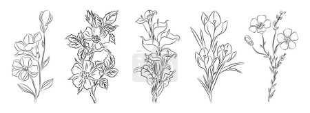 Conjunto de flores de jardín silvestres, plantas línea arte vector ilustraciones botánicas. Moda verde dibujado a mano colección de bocetos de tinta negra. Diseño moderno para logotipo, tatuaje, arte de la pared, marca y embalaje.