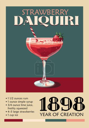 Illustration for Strawberry Daiquiri Cocktail retro poster. Classic cocktail with recipe digital print. Popular alcohol drink. Vintage style vector illustration for pub, restaurant, kitchen wall art, bar cart decor. - Royalty Free Image