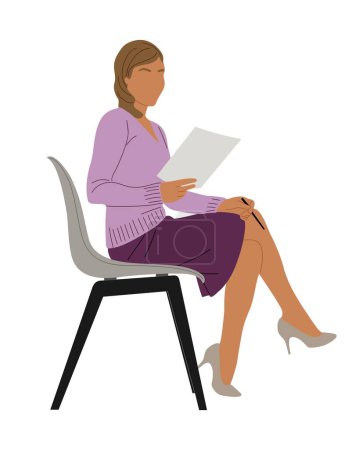 Illustration for Young Business woman sitting on office chair side view. Pretty girl wearing smart casual office outfit, skirt and pullover. Attractive lady boss working with documents. Vector illustration isolated. - Royalty Free Image