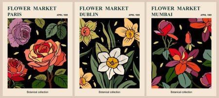 Illustration for Abstract Flower Market poster set. Trendy botanical wall art with floral design in bright colors on dark background. Modern naive groovy funky interior decoration, painting. Vector art illustration. - Royalty Free Image