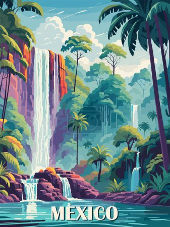Mexico Travel Destination Poster in retro style with waterfall and jungles on the background. Landscape digital print. Exotic summer vacation, holidays concept. Vintage vector colorful illustrations.