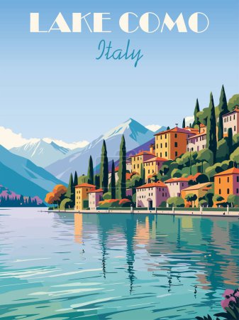 Lake Como, Italy Travel Destination Poster in retro style. Landscape print, wall art. Europe summer vacation, holidays concept. Vintage vector colorful illustration.