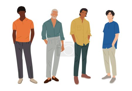 Illustration for Set of stylish multiracial men different ages wearing summer smart casual office outfits. Handsome Business men characters standing in modern clothes. Vector realistic people illustrations isolated. - Royalty Free Image