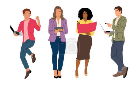 Illustration for Set of diverse business people standing, using laptop, computer, digital tablet, holding folder with documents. Multiracial business team working together. Vector colorful illustrations isolated. - Royalty Free Image