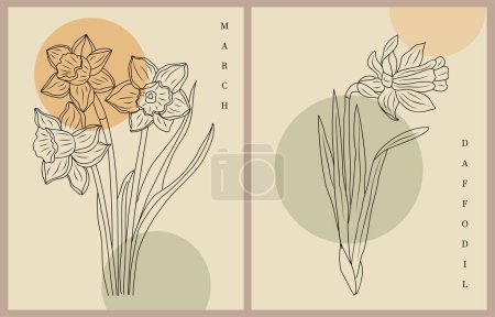 Set of Boho aesthetic botanical wall arts with Daffodil, March Birth flowers . Retro posters for Scandinavian, Japandi interior in neutral beige colors. Vector line art drawing.